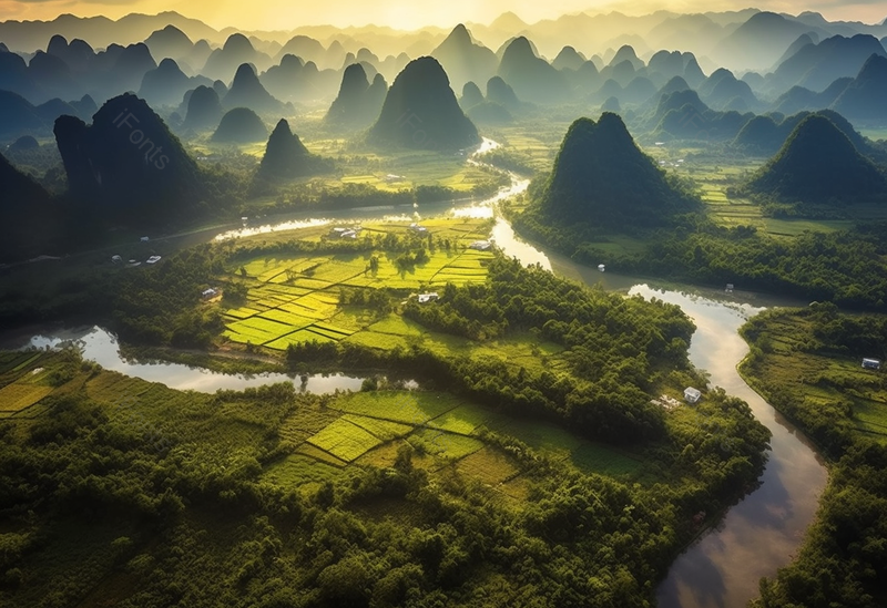 航拍日出阳光照耀田地河流实拍图,高清,摄影图,摄影图片,图片大全,摄影图免费下载
